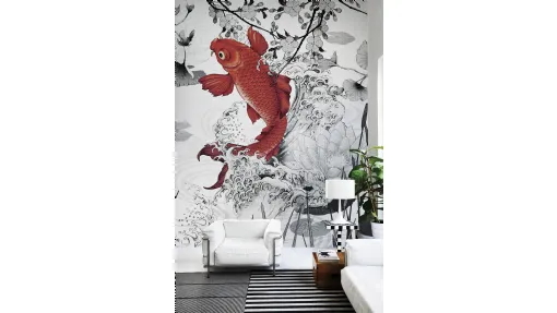 Carta da parati con carpa rossa e sfondo in bianco e nero Koi re-edition di London Art