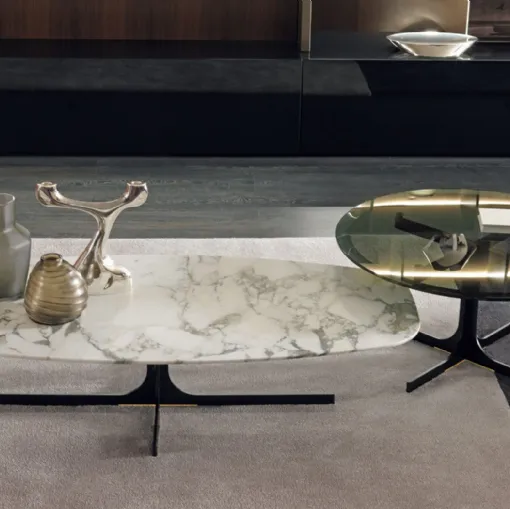 Tavolino Janus con base in metallo e top in marmo o vetro fumè di Misuraemme