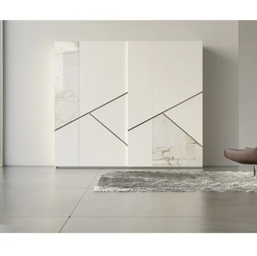 Armadio Comp 14 in laccato bianco con inserti in ceramica e bronzo graffiato di Voltan