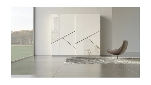 Armadio Comp 14 in laccato bianco con inserti in ceramica e bronzo graffiato di Voltan