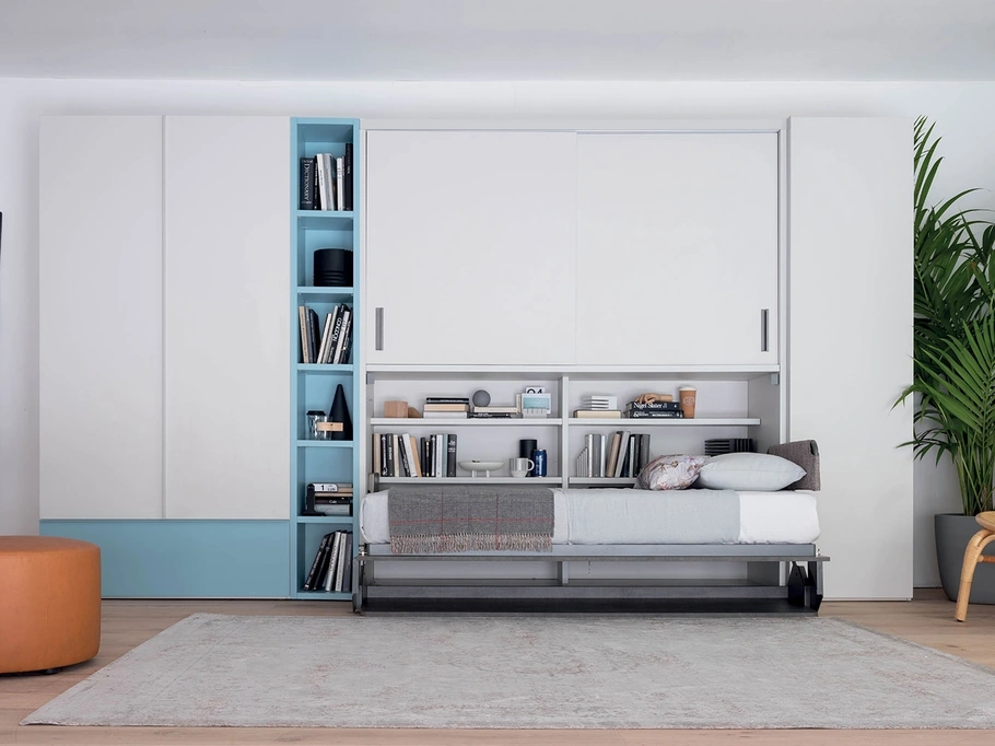 Letto singolo a scomparsa aperto con scrivania integrata in laccato opaco Hiro Armadio di Clever