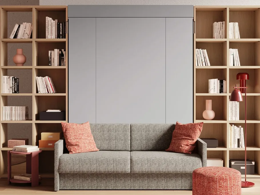 Letto a scomparsa con divano integrato e libreria Im 22 04 Nobu in melaminico Rovere e laccato opaco di Clever