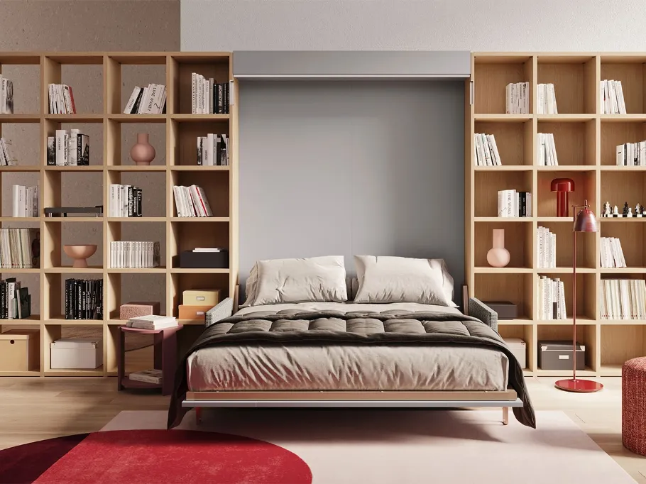 Letto matrimoniale a scomparsa con divano integrato e libreria Im 22 04 Nobu in melaminico Rovere e laccato opaco di Clever