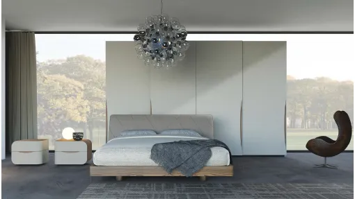 Letto in legno di quercia con testiera imbottita in econabuk cenere Eikon Plus di Voltan