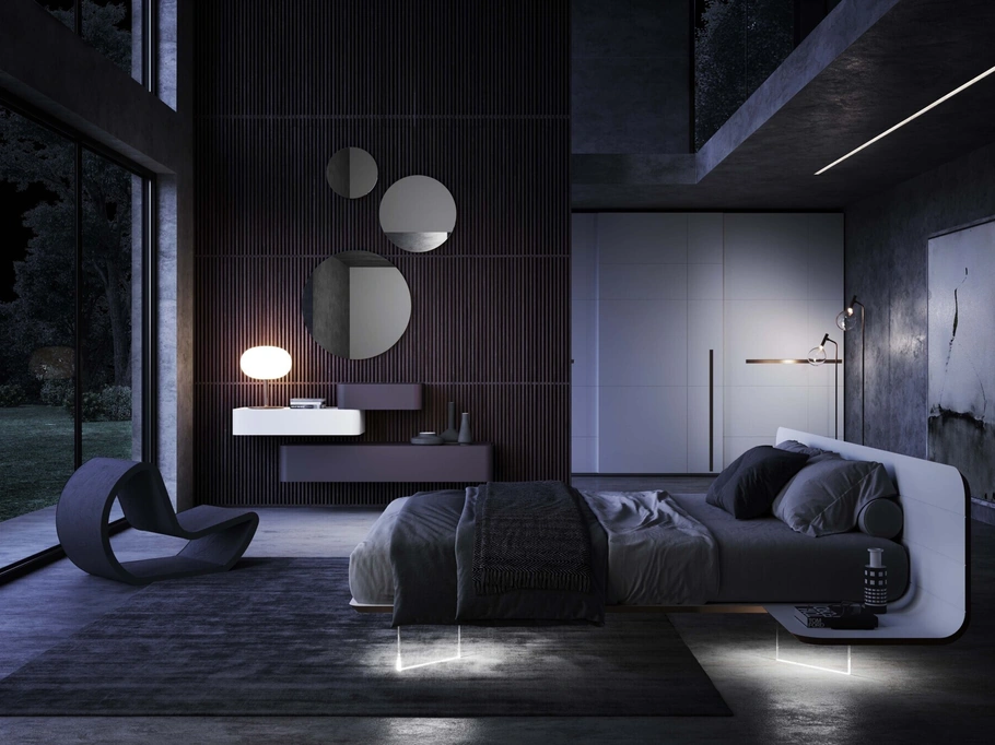 Letto No-Vo laccato bianco con piedi luminosi di Voltan