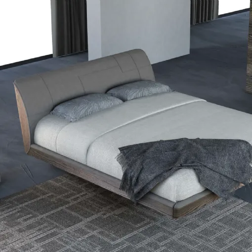 Letto con testiera in quercia tabacco con imbottitura in econabuk cenere Prestige di Voltan