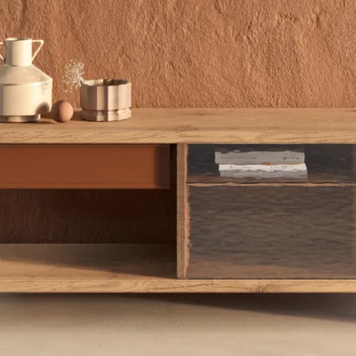 Madia in legno secolare con struttura in vetro e cassetto in cuoio River di Nature Design