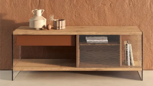 Madia in legno secolare con struttura in vetro e cassetto in cuoio River di Nature Design