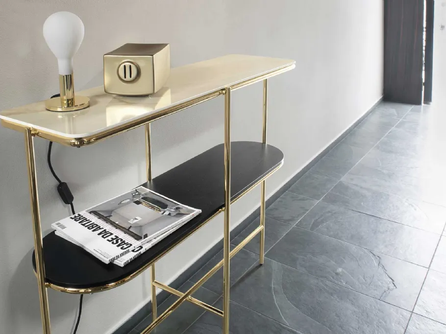 Mobile ingresso in ottone lucido con piano superiore in ceramica e piano inferiore in legno Puro Calligaris