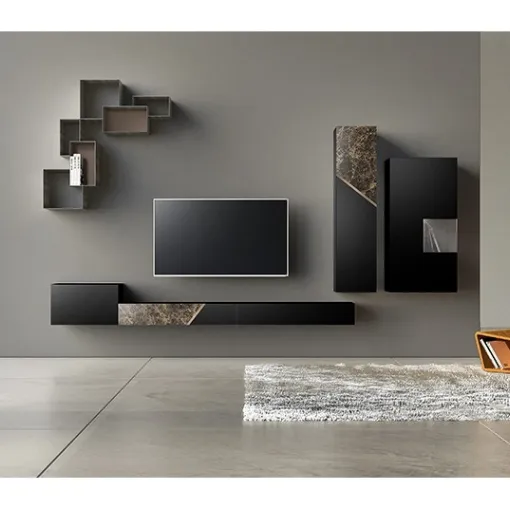 Parete Attrezzata Comp 13 in laccato opaco, ceramica e bronzo graffiato di Voltan