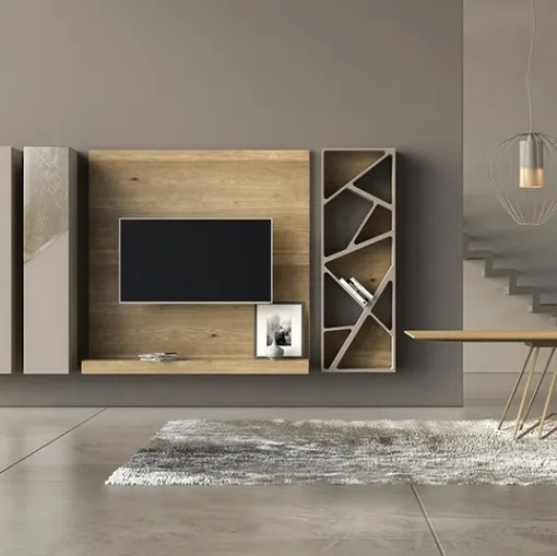 Parete Attrezzata Comp 14 in laccato opaco, ceramica e bronzo graffiato con spalla e piano d'appoggio in legno di quercia di Voltan