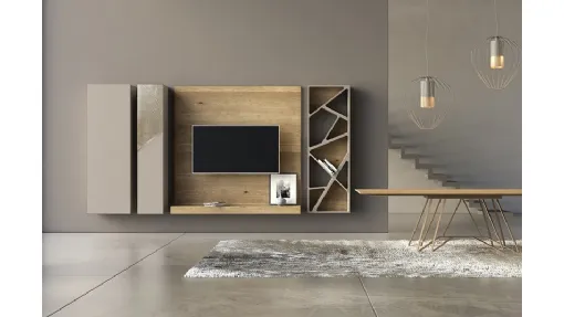 Parete Attrezzata Comp 14 in laccato opaco, ceramica e bronzo graffiato con spalla e piano d'appoggio in legno di quercia di Voltan