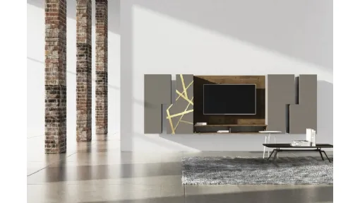 Parete Attrezzata sospesa in laccato opaco con inserti in bronzo graffiato e pannello per TV in legno Comp 17 di Voltan