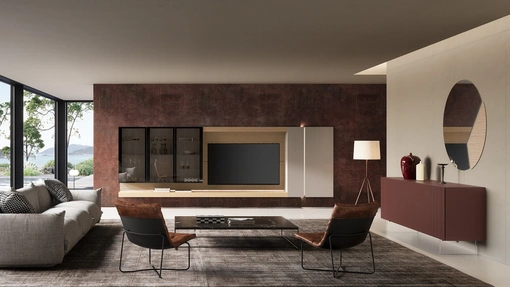 Parete Attrezzata Soggiorno Lucifer con schienale Quercia di Voltan