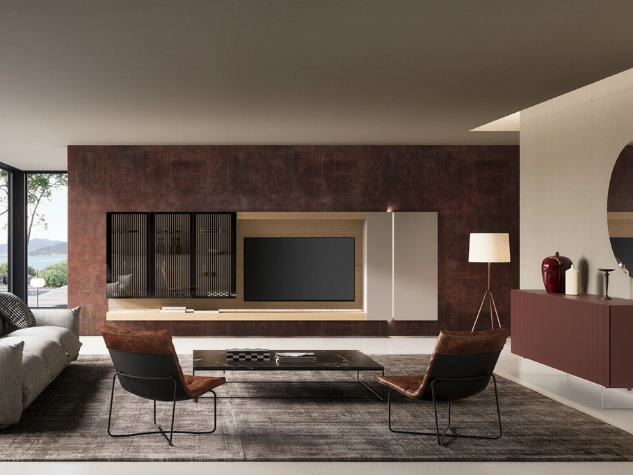 Parete Attrezzata Soggiorno Lucifer con schienale Quercia di Voltan