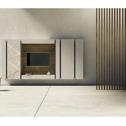 Parete Attrezzata in laccato con decorazione in bronzo graffiato e pannello porta TV in legno di quercia Comp 06 di Voltan