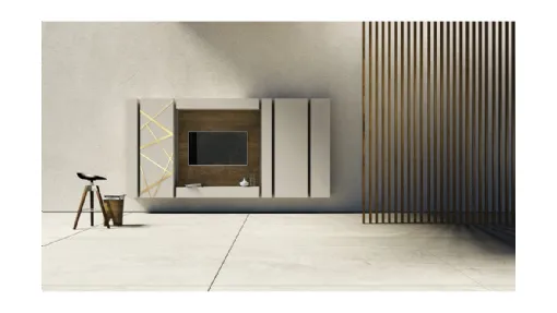 Parete Attrezzata in laccato con decorazione in bronzo graffiato e pannello porta TV in legno di quercia Comp 06 di Voltan