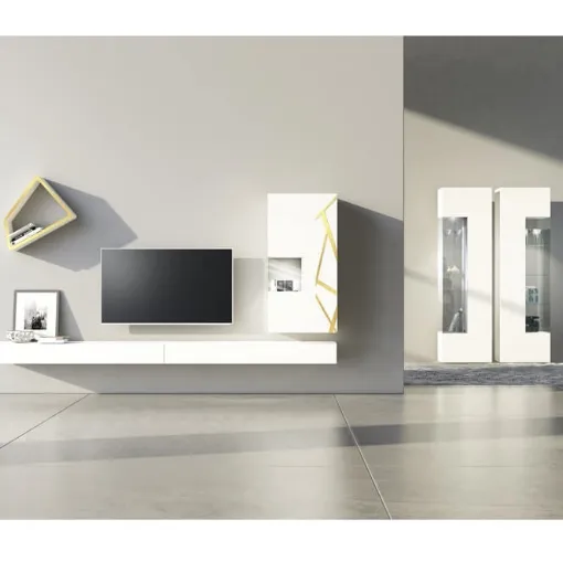 Parete Attrezzata Comp 08 in laccato opaco bianco, con pensile decorato in bronzo graffiato di Voltan