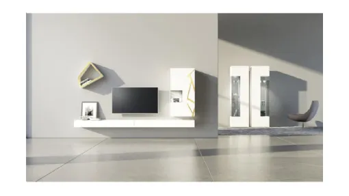 Parete Attrezzata Comp 08 in laccato opaco bianco, con pensile decorato in bronzo graffiato di Voltan