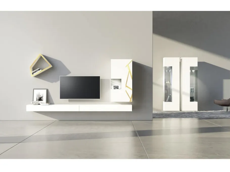 Parete Attrezzata Comp 08 in laccato opaco bianco, con pensile decorato in bronzo graffiato di Voltan
